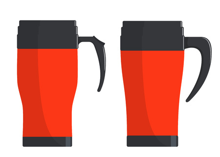 Modern Thermo cups, travel mug, thermoses isolated on white background. Vector illustration in flat styleのイラスト素材