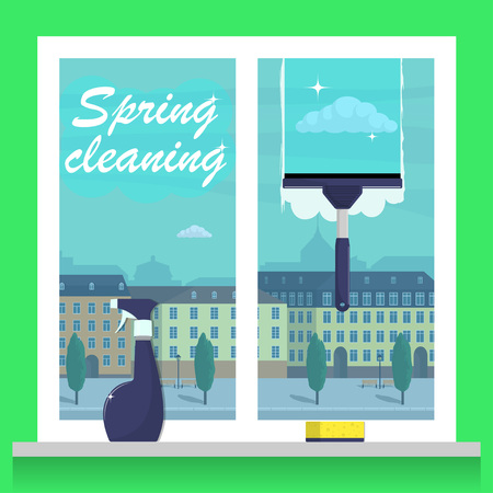 Window cleaning. Spring cleaning concept. Glass scraper glides over the glass, making it clean. Spray glass cleaner and a sponge. City landscape outside the window. Vector illustrationのイラスト素材
