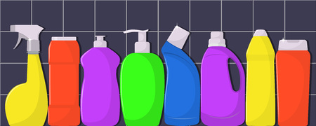 The bottles of detergent, washing powder, detergent powder, bottle of spray, a means for washing dishes. The bottles of detergent on tile background. Vector illustration in flat styleのイラスト素材