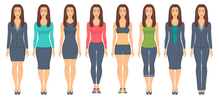 Beautiful young woman standing in full growth in different clothes, formal, business, everyday, sports vector illustration.のイラスト素材