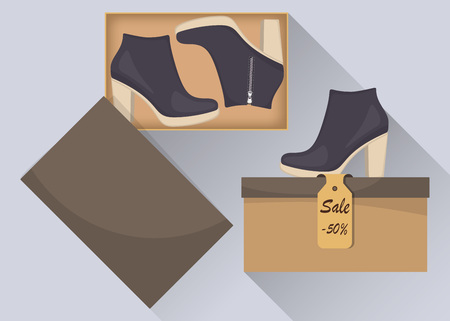 Stylish modern women s high heel boots in box, side view. Sale with a discount of 50 percent. Casual women s shoes. Illustration for a shoe store. Vector flat illustrationのイラスト素材