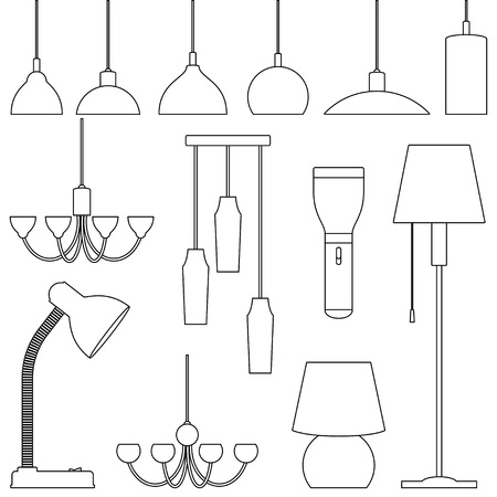 Lamps of different types, set. Line art illustrationのイラスト素材