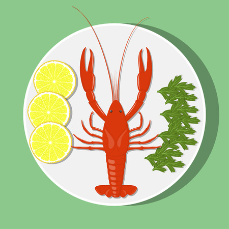 Big red lobster on white plate with lemon slices and herbs. Vector flat illustrationのイラスト素材