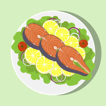 Salmon steak with with lemon, herbs, tomato, onion on white plate, top view. Vector flat illustrationのイラスト素材