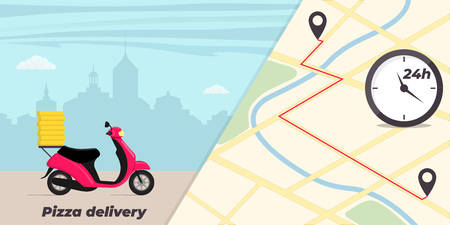 Pizza delivery service concept illustration. Motorbike with pizza boxes on the trunk. Big city on background. City map with pins and clock. Pizza fast delivery banner. Vector flat illustrationのイラスト素材