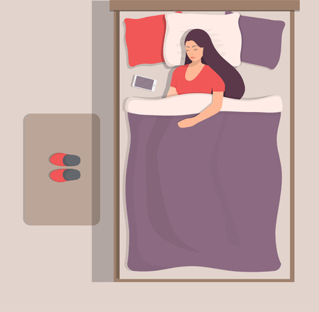 Woman sleeping in her bed, top view. Girl sleeps peacefully. Vector illustration in flat styleのイラスト素材