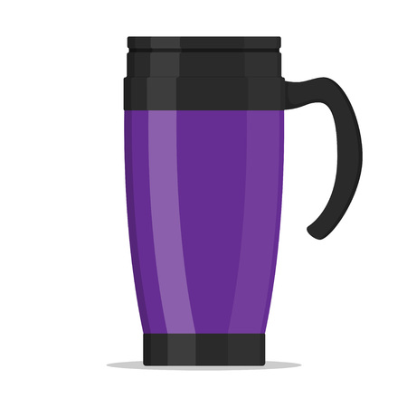 Modern violet thermo cup, travel mug isolated on white . Vector illustration in flat styleのイラスト素材