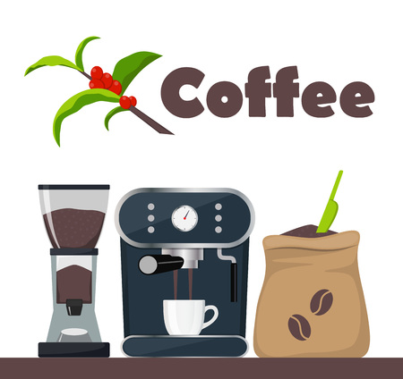 Coffee shop or cafe design illustration with coffee machine, sack with beans, grinder, cup. Tree branch with leaves and coffee berries. Advertising design template, vectorのイラスト素材
