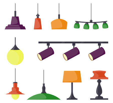 Lamps of different types, set. Chandeliers, lamps, bulbs, table lamp, spotlight - elements of modern interior. Vector illustration in flat styleのイラスト素材
