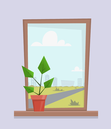 Window with house plant in pot on the window sill. City landscape outside the window. Cute cartoon vector illustration in flat styleのイラスト素材