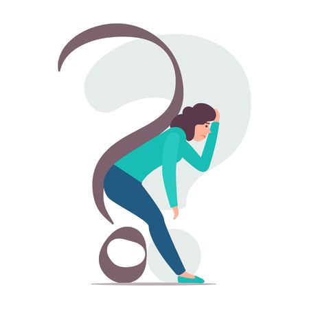 Woman is bent under the question mark. Woman is dejected by problems and doubts. Vector concept illustrationのイラスト素材