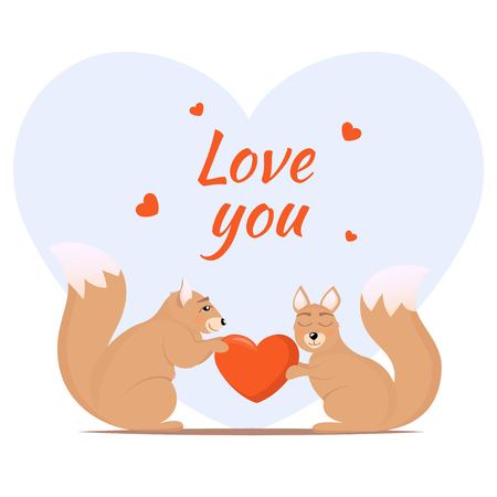 Couple of loving squirrels. One squirrel gives another a heart. Cute animals in love. Love theme card design, vector illustrationのイラスト素材