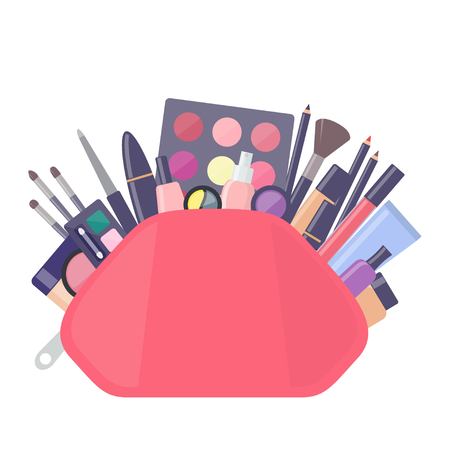 Big pink cosmetic bag with different decorative cosmetics. Everything for make up. Eye shadow, mascara, nail Polish, powder, foundation, brush, lipstick, cream cosmetic pencils Vector illustration.のイラスト素材