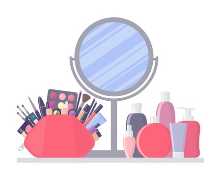 Big pink cosmetic bag with different decorative cosmetics, makeup mirror and cosmetic bottles. Products for beauty and cleanser. Everything for make up. Vector illustration.のイラスト素材