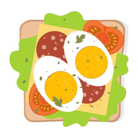 Toast with fried egg and vegetables. Sandwich with bread, egg, cheese, tomato, sausage, herbs and spices. Best for breakfast. Vector illustrationのイラスト素材