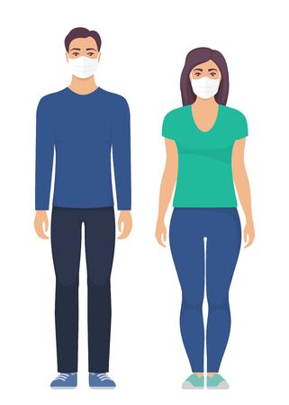 Man and women with protective medical mask on face for prevent virus. People in surgical mask. Vector illustration in flat styleのイラスト素材