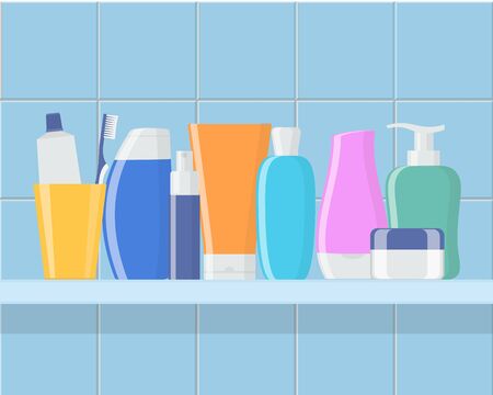 Shelf in the bathroom with cosmetic bottles. Cream, shampoo, gel, spray, tube, soap, toothpaste and toothbrush. Skin and body care, toiletres. Products for beauty and cleanser. Vectorのイラスト素材
