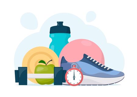 Fitness, sport, diet and healthy lifestyle elements composition for gym banner. Sports training equipment. Vector illustration in flat styleのイラスト素材