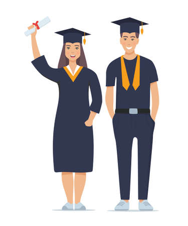 Couple of happy smiling graduates with diplomas. Man and woman graduated from university. Vector illustration isolated on whiteのイラスト素材