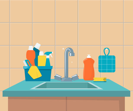 Kitchen sink. Clean sink with kitchenware, modern furniture and utensils. Washing dishes kitchen sink, vector illustrationのイラスト素材