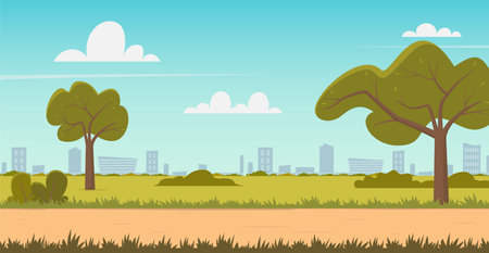 Path in a city park on a sunny summer day. Public park with nature landscape and buildings on background. Flat vector illustrationのイラスト素材