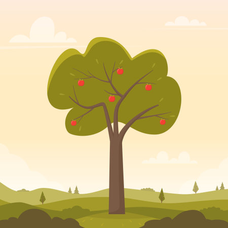 Countryside landscape with apple tree in the foreground, closeup. Rural landscape in the warm dawn colors. Countryside with apple tree for banner, animation. Vector flat illustrationのイラスト素材