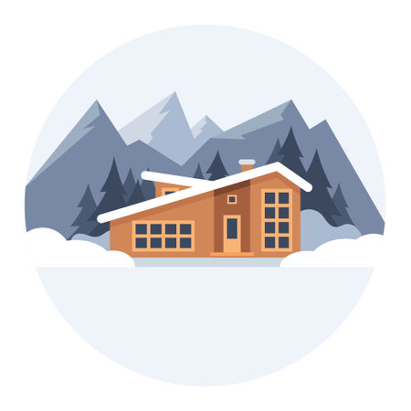 Winter mountain landscape with big house for tourists. Winter holidays in the mountains, ski resorts, house rentals. Vector flat illustrationのイラスト素材