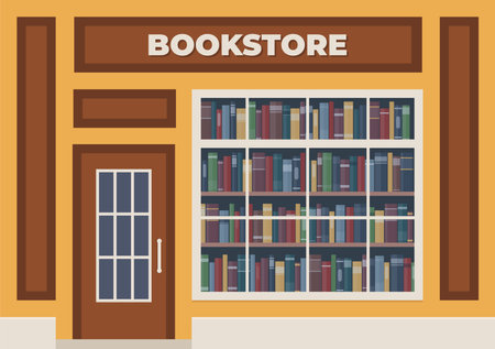 A bookstore with a sign over the entrance. Books in the shop window on the shelves. Street store. Vector illustration, flat styleのイラスト素材