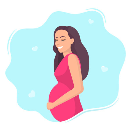 Happy young pregnant woman with big belly. Beautiful pregnant woman character. Girl expecting a baby. Maternity concept. Vector Illustrationのイラスト素材