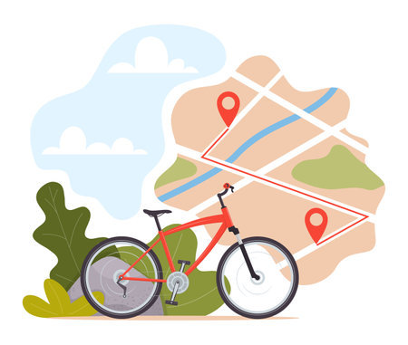 Bike, map with start and finish markers. Bicycle rental, bike sharing or delivery service. City map with pins and bike. Vector flat illustration for banner, flyer, cardのイラスト素材