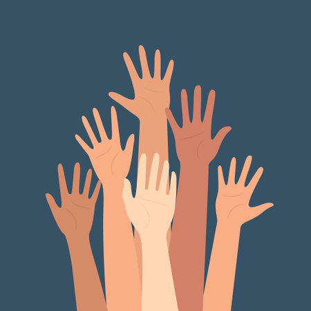 Multicultural crowd of people with hands up, teamwork of multinational team, horizontal seamless patternのイラスト素材