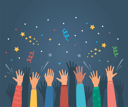 Raised hands of happy people celebrating. Crowd of people at party. People celebrate. Firecrackers, confetti, fireworks, carnival. Diverse young people, male and female, hands. Vector illustrationのイラスト素材
