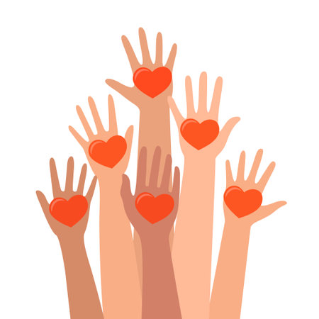 Hands holding a heart symbol. Concept of charity and donation. Give and share your love to people. Friendship, unity, help, volunteering concept. Vector illustrationのイラスト素材