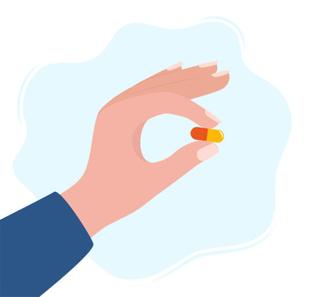 Human hand holding pill between fingers vector illustration in flat style. Medication treatment, pharmacy and medicine, concept vector illustrationのイラスト素材
