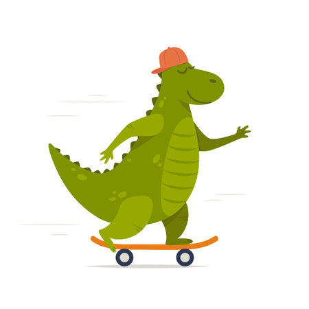 Cute dinosaur rides on skateboard. Tyrannosaur skateboarderのイラスト素材