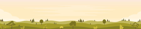 Beautiful fields landscape with a green hills, trees, bushes. Rural landscape in the warm dawn colors. Countryside background Horizontal banner template. Vector flat illustrationのイラスト素材
