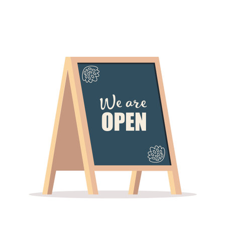 Street chalk board with text We Are Open, isolated on white. Chalk board for advertising a cafe or store. Vector illustrationのイラスト素材