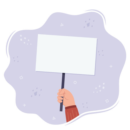 Human hand holds a blank protest sign. Protest. Blank banner, manifesting activists demonstrating empty signs. Street demonstration concept. Political revolution, demonstrate. Vector illustrationのイラスト素材