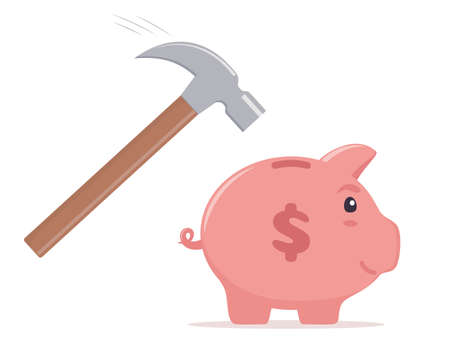 Hammer going to break the piggy bank. Money saving, economy, investment, banking or business services concept. Profit, income, earnings, budget, fund. Vector illustrationのイラスト素材