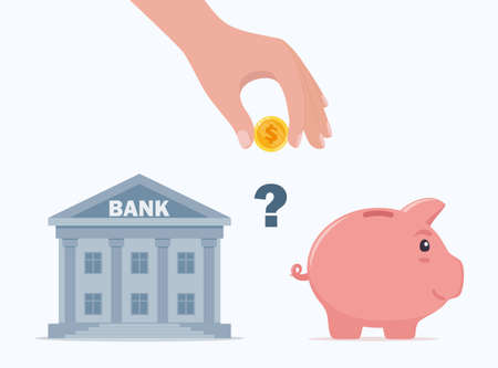 Choosing between bank and piggybank. Budget planning concept. Money savings investment and funding. Bank loan and economy choice. Financial literacy. Vector illustrationのイラスト素材
