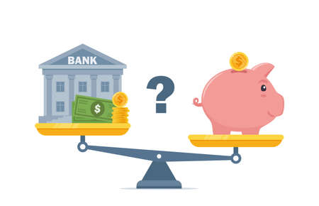 Bank and piggybank on scales, Choosing between them. Budget planning concept. Money savings investment and funding. Bank loan and economy choice. Financial literacy. Vector illustrationのイラスト素材