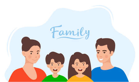 Cute family in colorful clothes. Family portrait. Mom, dad, son, daughter happy faces. Simple flat style vector illustrationのイラスト素材