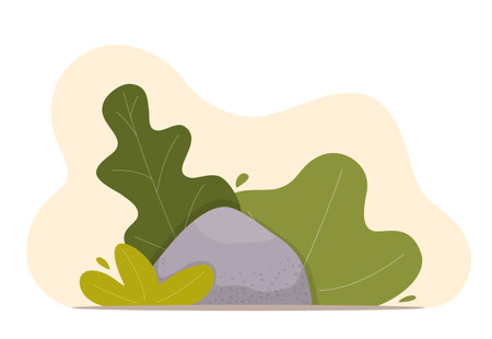 Landscape design composition with bushes and stone. Cute floral composition for greeting card, banner, flyer, app, website on ecological, botanic, landscape design themes. Vector illustrationのイラスト素材