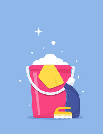 Cleaning service and household supplies. Design concept for web banner, infographic, poster. Detergent and disinfectant products with bucket, detergent. Vector illustrationのイラスト素材