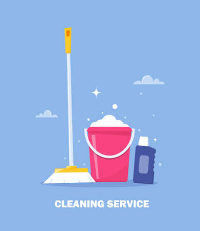 Cleaning service and household supplies. Design concept for web banner, infographic, poster. Detergent and disinfectant products with bucket, mop, detergent. Vector illustrationのイラスト素材