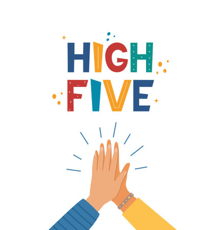 High five hand drawn lettering. Two hands clapping in high five gesture. Teamwork, friendship, unity, support, partnership, community. Concept for poster, logo, greeting card, banner, T-shirt Vectorのイラスト素材