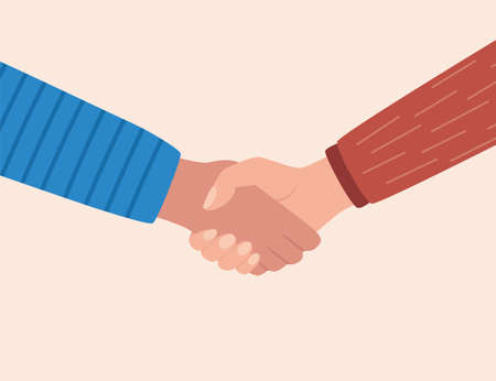 Shaking hands, symbol of success deal, happy partnership, greeting shake, casual handshaking agreement. Vector illustration in flat styleのイラスト素材