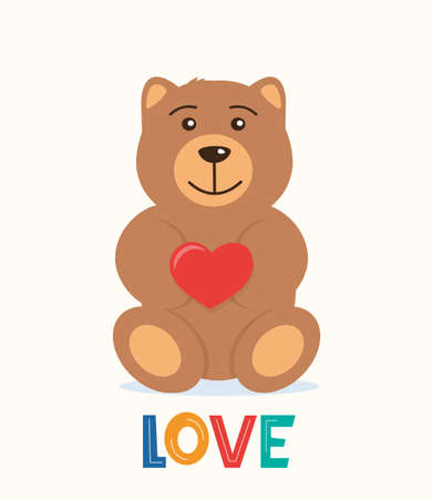 Cute Teddy bear holding big red heart in the paws. The concept of Valentine's Day. Flat vector illustrationのイラスト素材