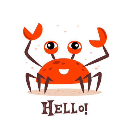 Cute cartoon red crab smiling character. Hello crab. Funny vector illustration for poster, logo, greeting card, banner, cute cartoon printのイラスト素材