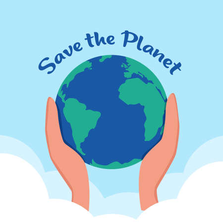 Save the planet. Planet Earth in caring hands. Happy Earth Day. 22 of April. Hands holding earth ball. Flat style vector illustrationのイラスト素材